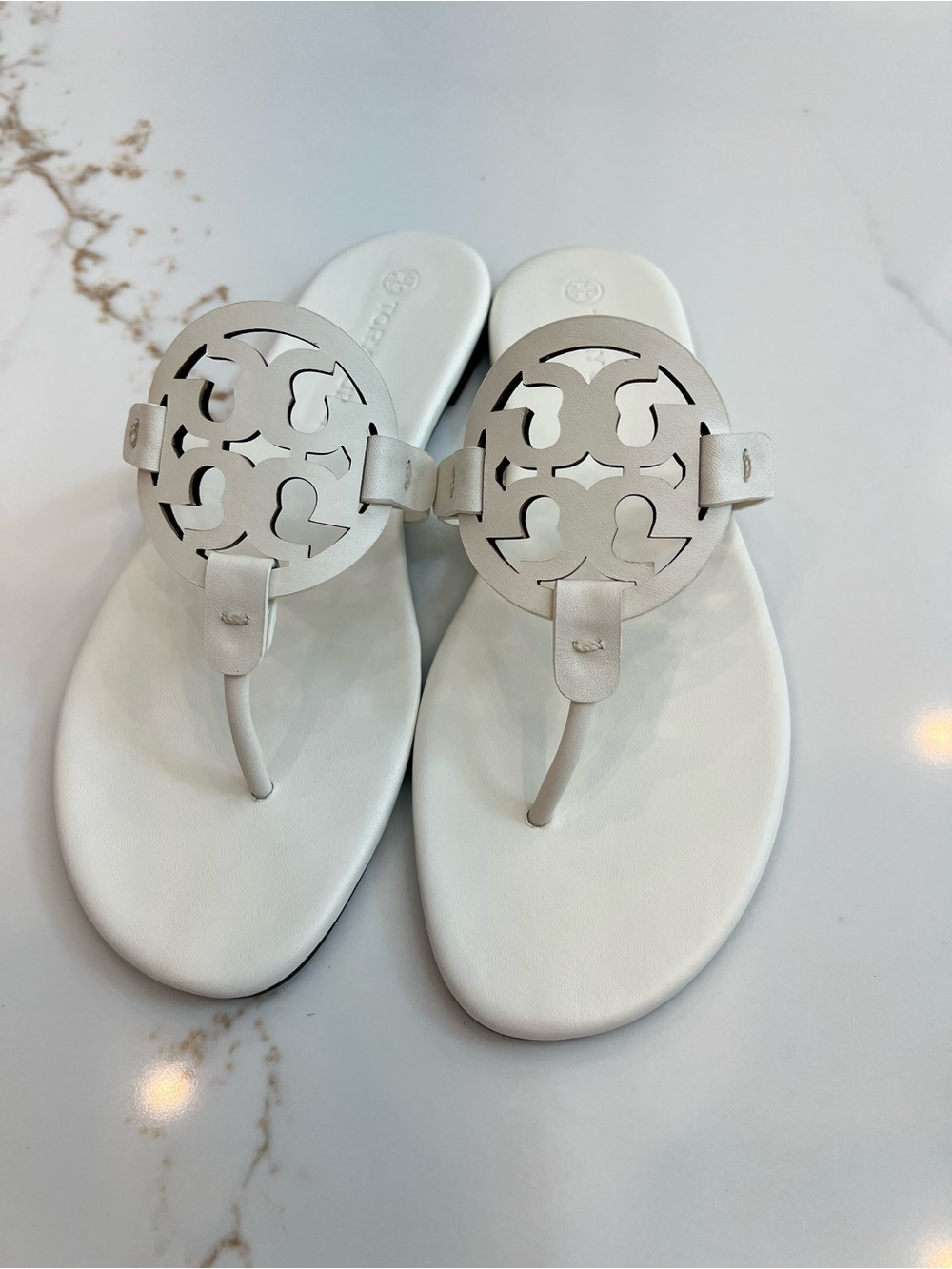 Tory Burch White Logo Cutout Thong Sandals